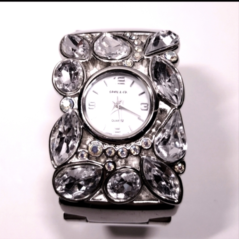 Sahil Rhinestone Quartz Cuff Watch Silver Tone NWOT